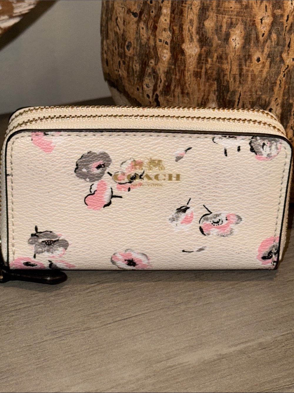 COACH Cream Floral Double Zip Wallet with Pink Accents